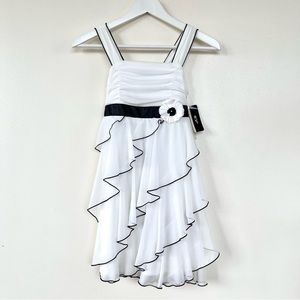 NWT BCX Girl White Formal Flower Tiered Ruffle Dress Black Trim